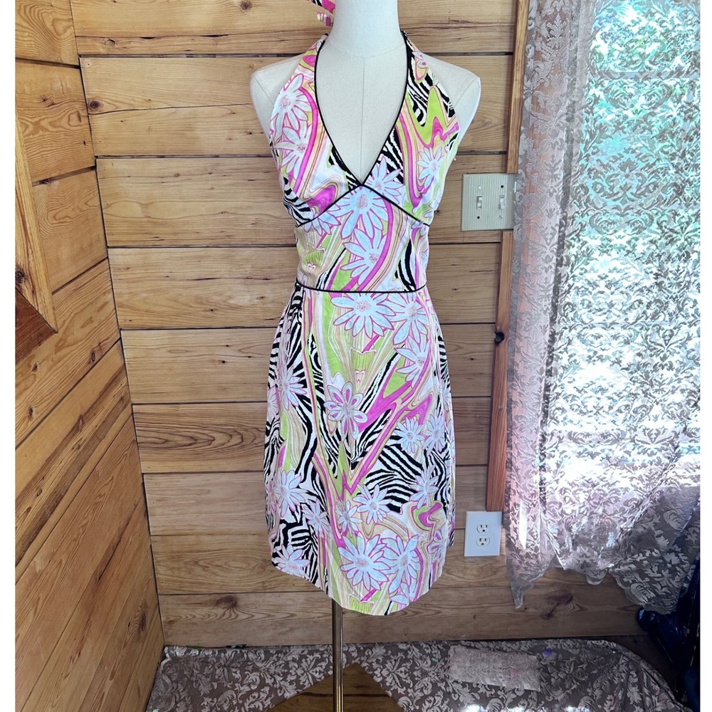 Vintage Halter Dress Size 10 Pink Floral Zebra Print Lori Ann Montreal A-Line
